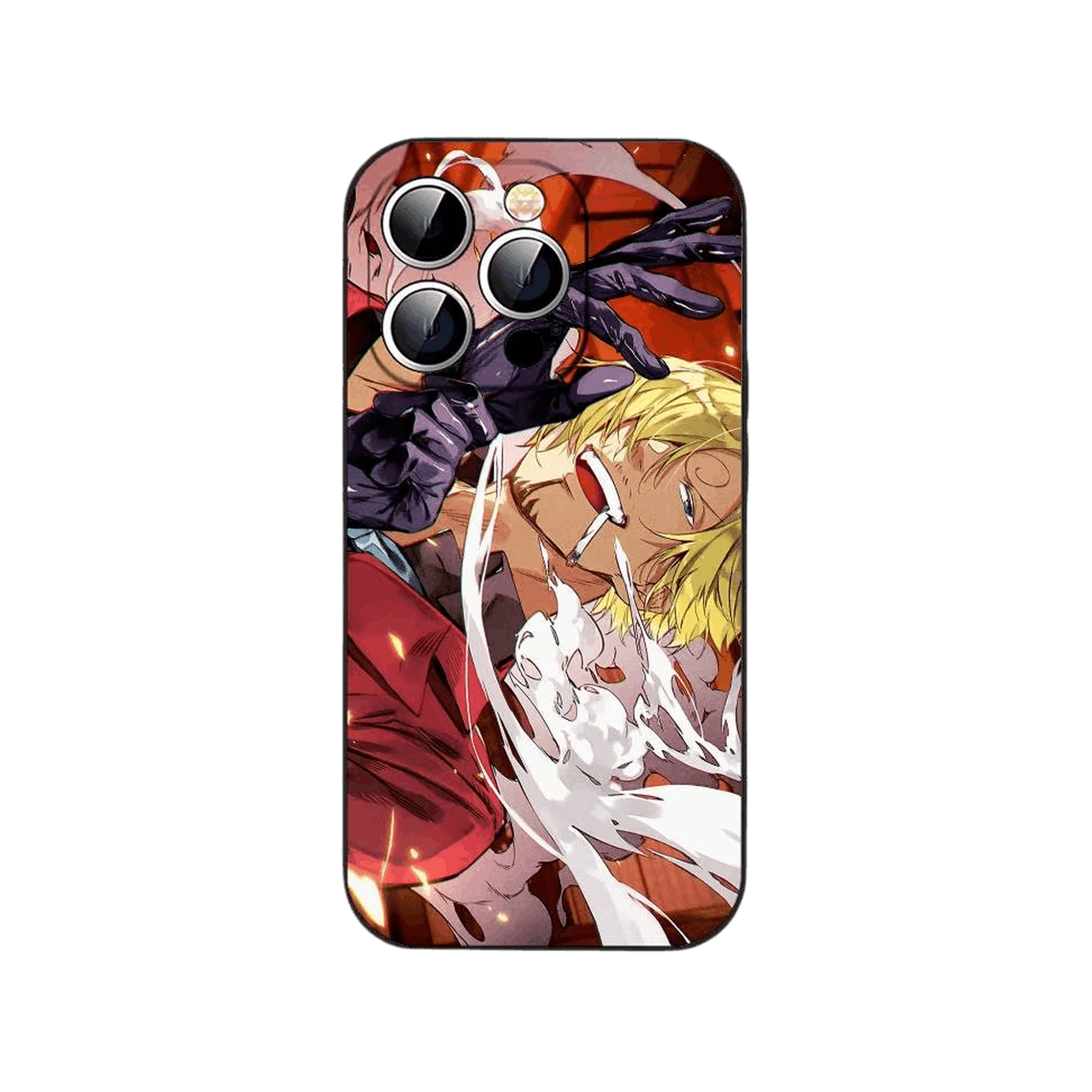 Coque iPhone One Piece illustrant Sanji en gros plan avec sa cigarette et des volutes de fumée blanche sur fond rouge