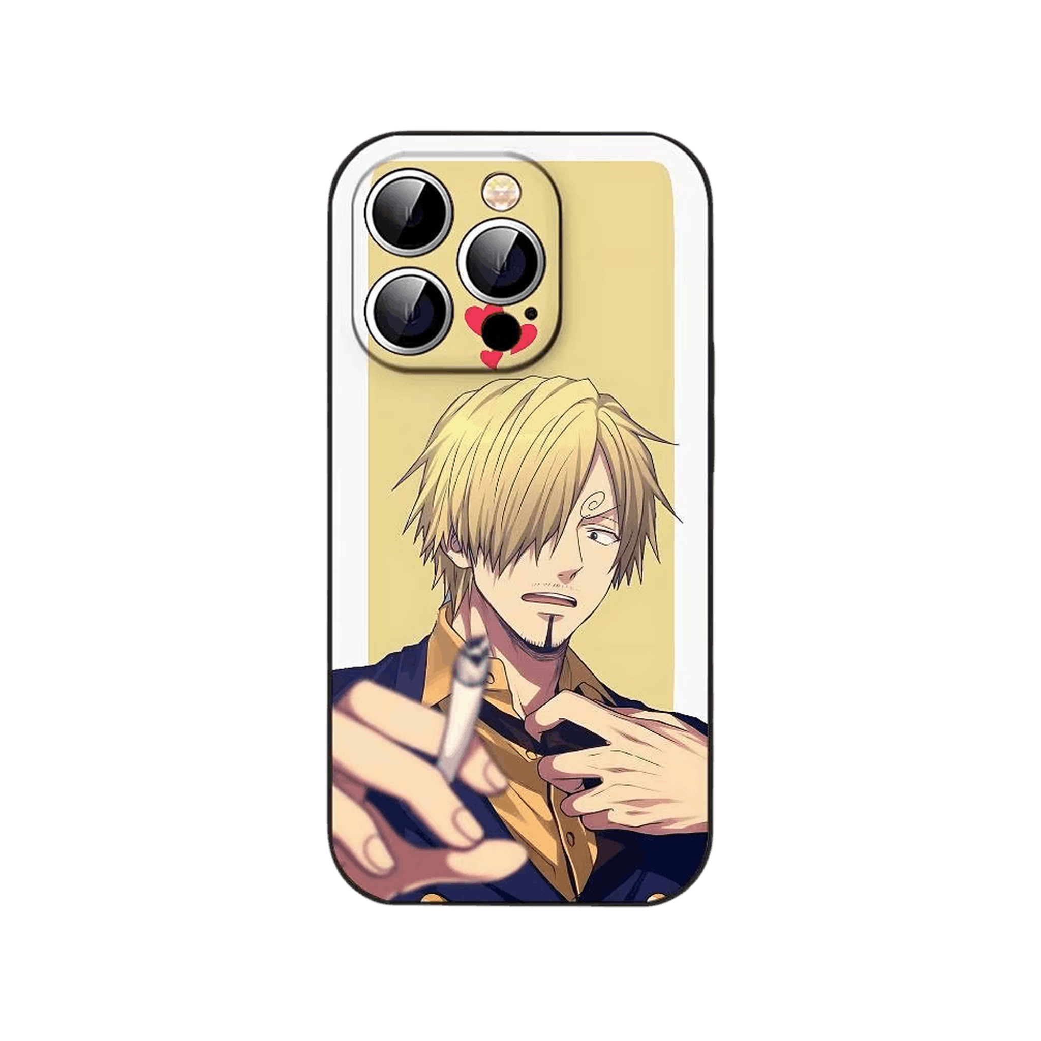 Coque iPhone One Piece illustrant Sanji en gros plan sur un aplat jaune pâle bordé de blanc