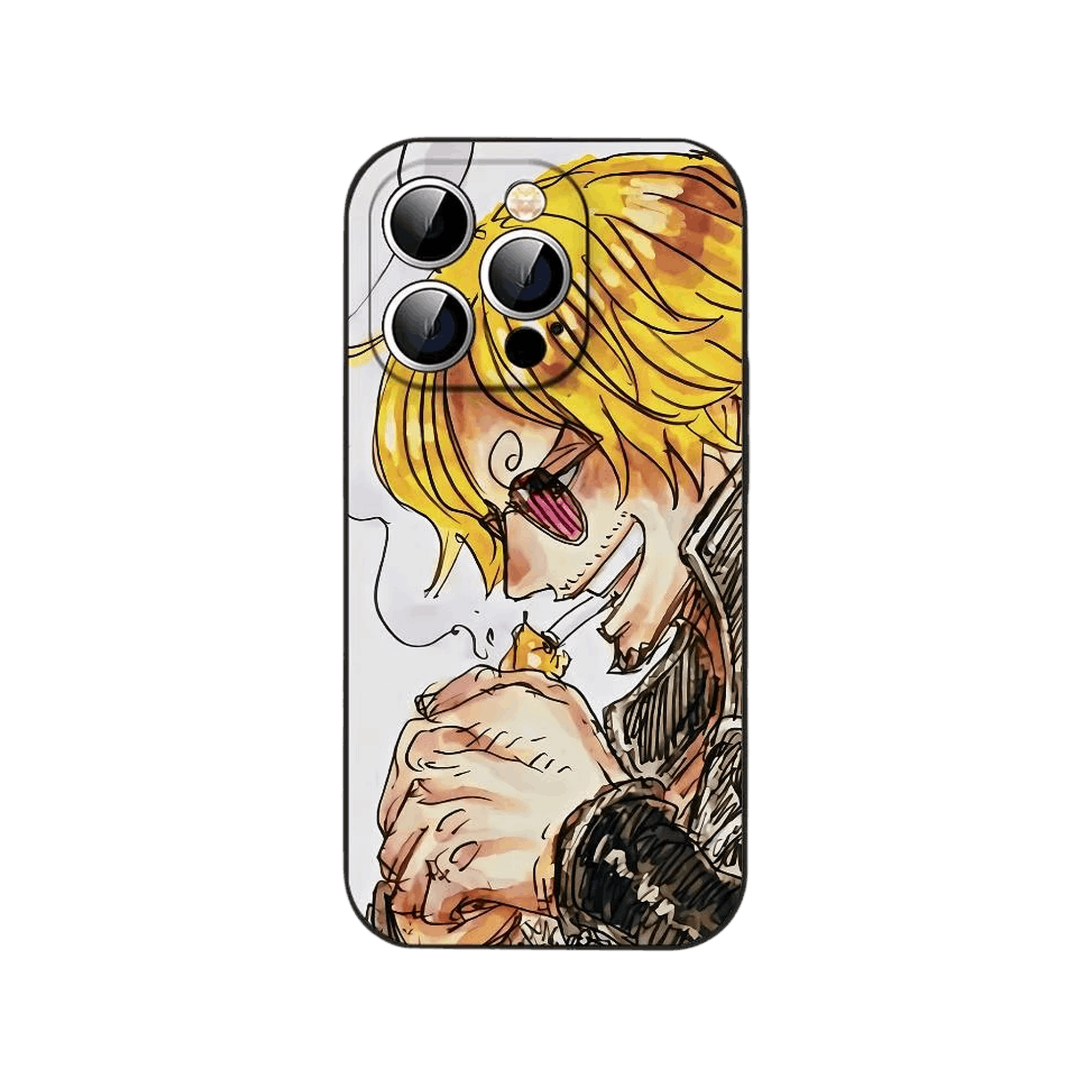 Coque iPhone One Piece illustrant un portrait de Sanji au trait libre avec une expression comique sur fond clair