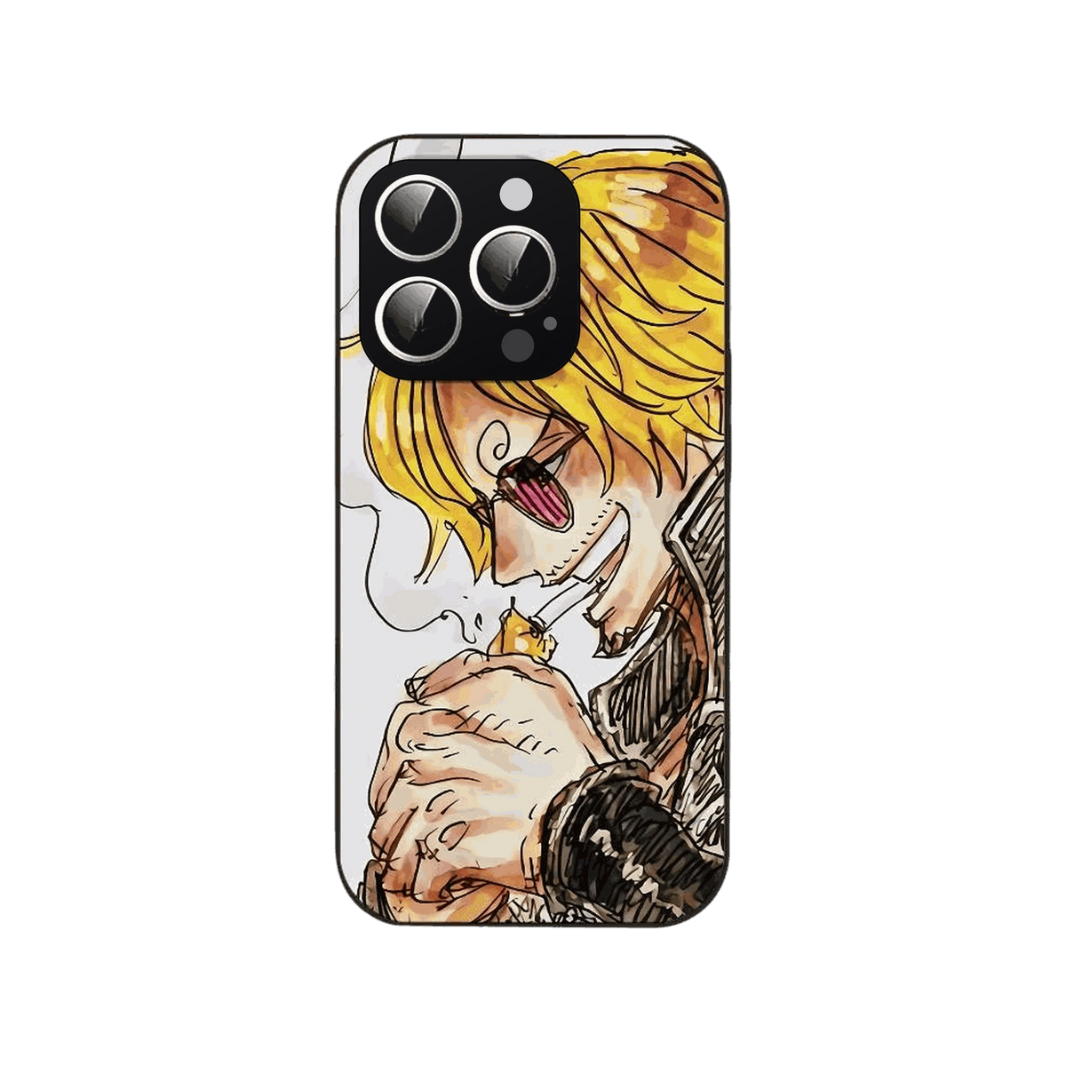 Coque iPhone One Piece illustrant un portrait de Sanji au trait libre avec une expression comique sur fond clair