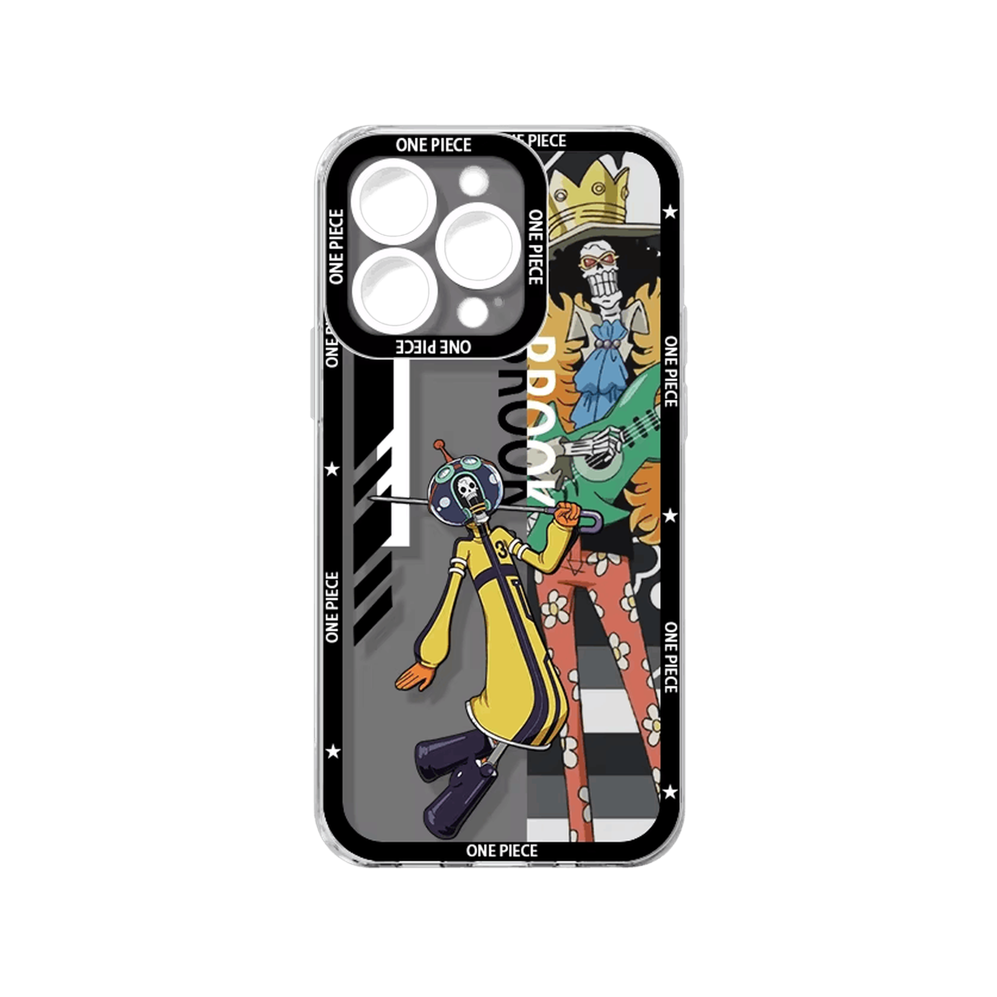 Coque iPhone One Piece de la série Équipage illustrant Brook sur un panneau noir avec son nom en vertical