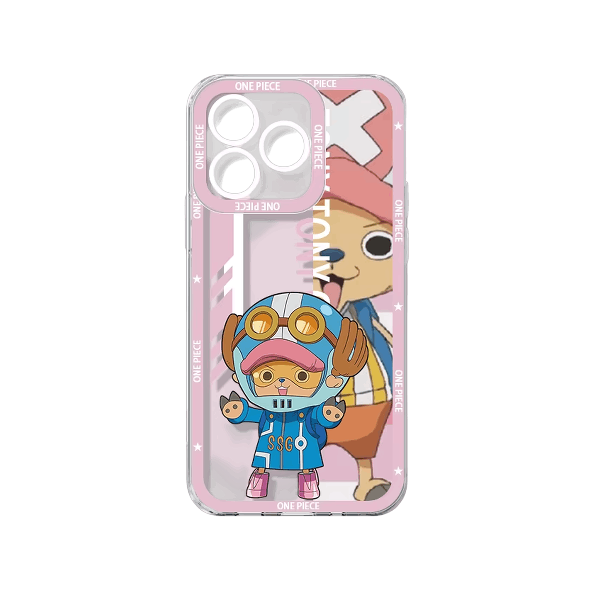 Coque iPhone One Piece de la série Équipage illustrant Chopper sur un panneau rose avec son nom en vertical