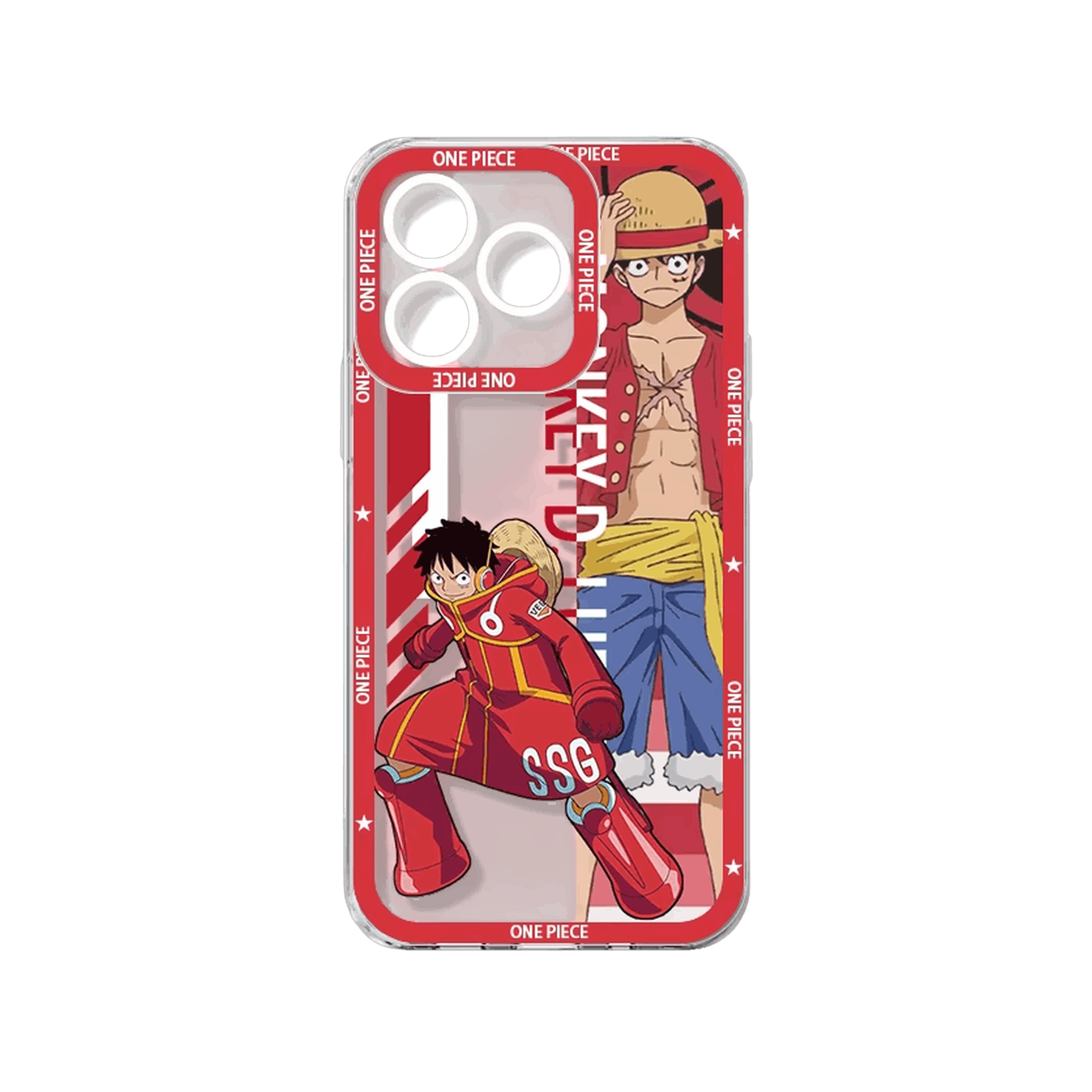 Coque iPhone One Piece de la série Équipage illustrant Luffy sur un panneau rouge avec son nom en vertical