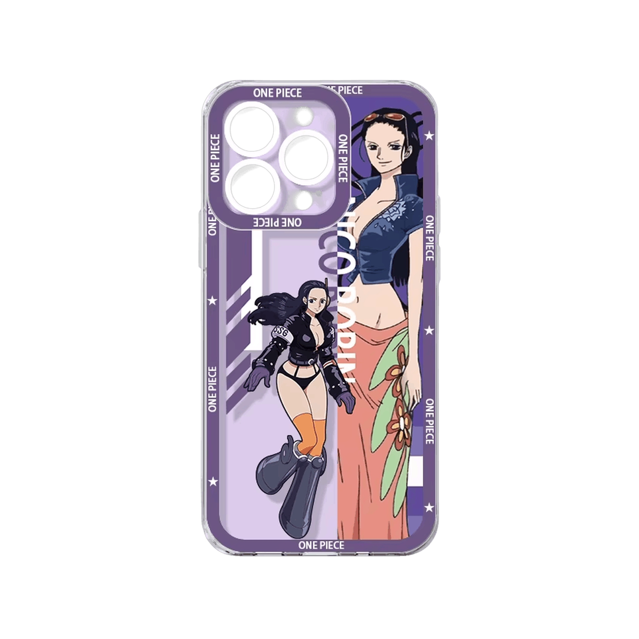 Coque iPhone One Piece de la série Équipage illustrant Nico Robin sur un panneau lavande avec son nom en vertical