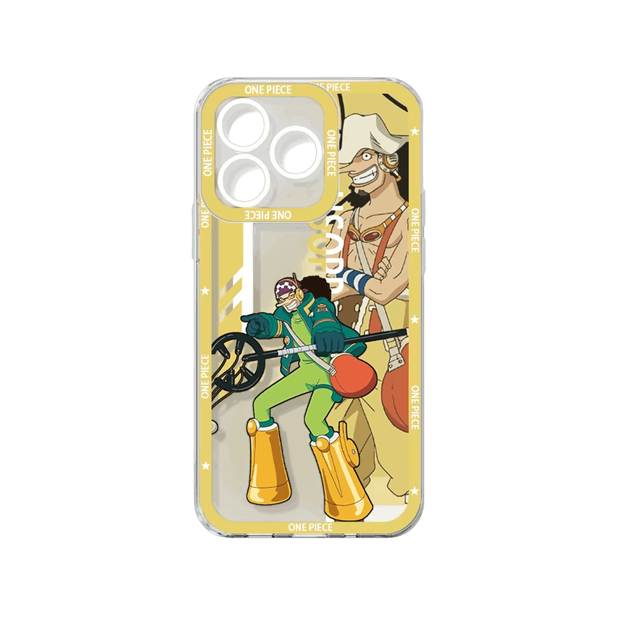Coque iPhone One Piece de la série Équipage illustrant Usopp sur un panneau jaune avec son nom en vertical