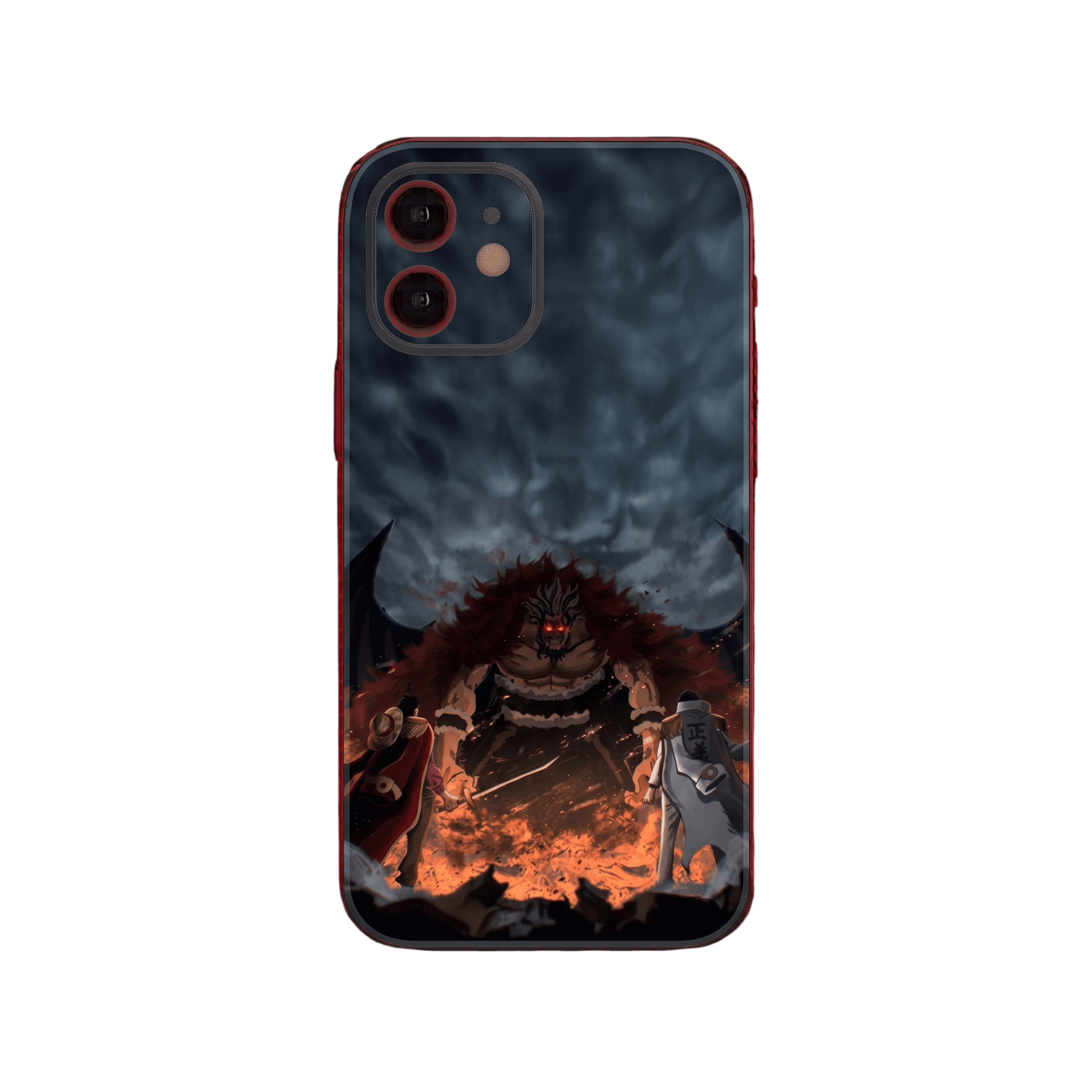 Coque iPhone One Piece illustrant Rocks D. Xebec face à Roger et Garp vus de dos sur un sol de braises sous un ciel d'orage