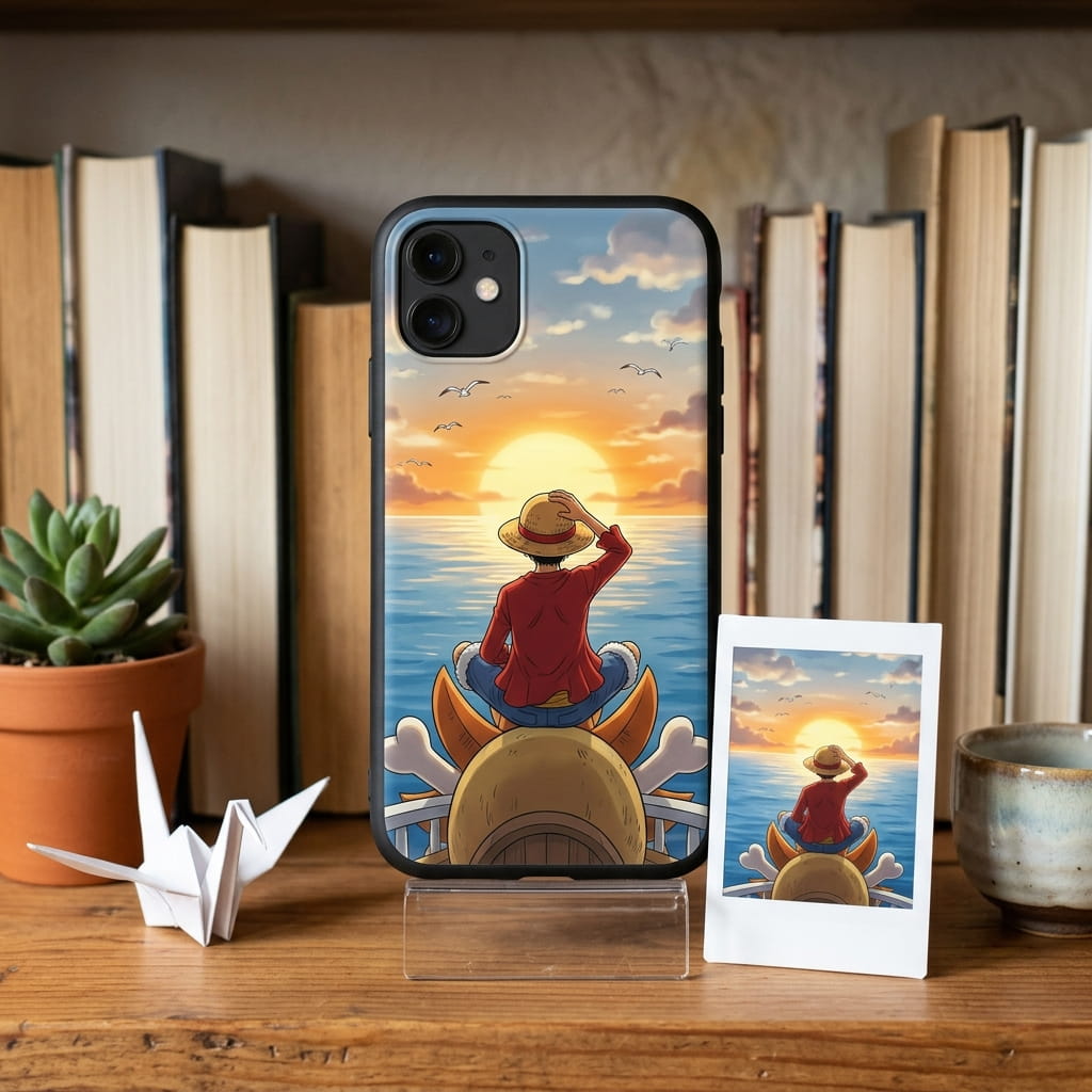 Coque iPhone personnalisée imprimée d'une scène de One Piece, Luffy de dos sur la figure de proue du Thousand Sunny au coucher du soleil, posée sur un support transparent à côté du tirage de l'image d'origine