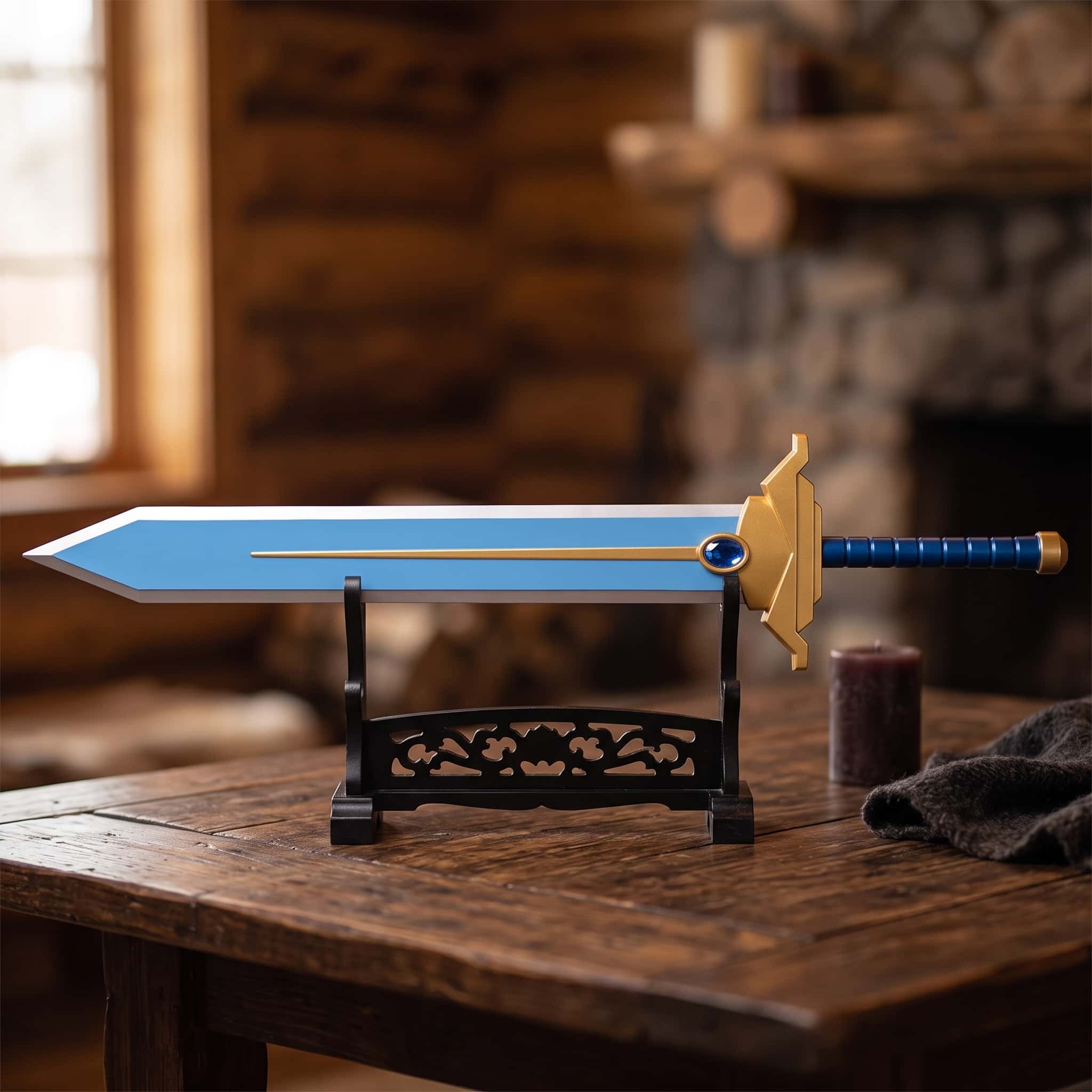 Réplique d'épée de l'univers de Frieren, lame bleue large de 100 cm, garde dorée ornée d'une gemme bleue et poignée bleue, posée sur un présentoir noir