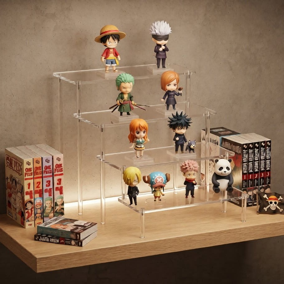 Présentoir escalier en acrylique transparent à quatre niveaux, garni de figurines chibi devant une bibliothèque de mangas