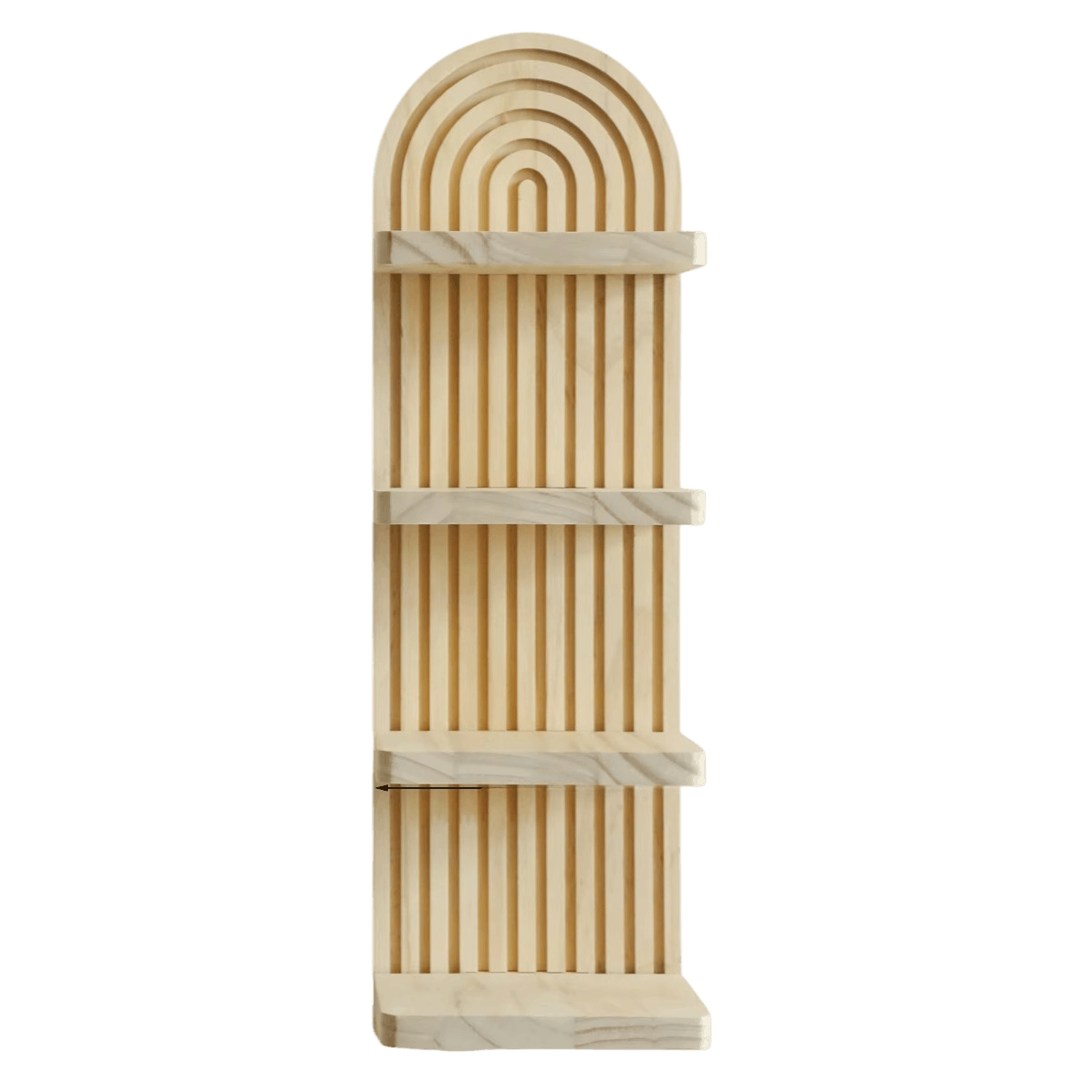 Grande étagère murale arche en bois clair aux cannelures verticales, vue de face avec ses quatre tablettes