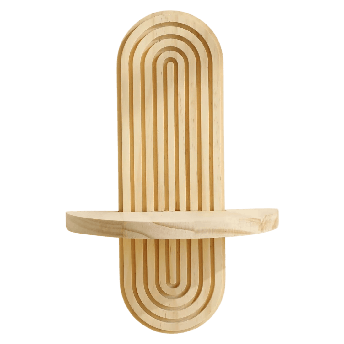 Étagère murale capsule ovale en bois clair aux cannelures concentriques, vue de face avec sa tablette centrale