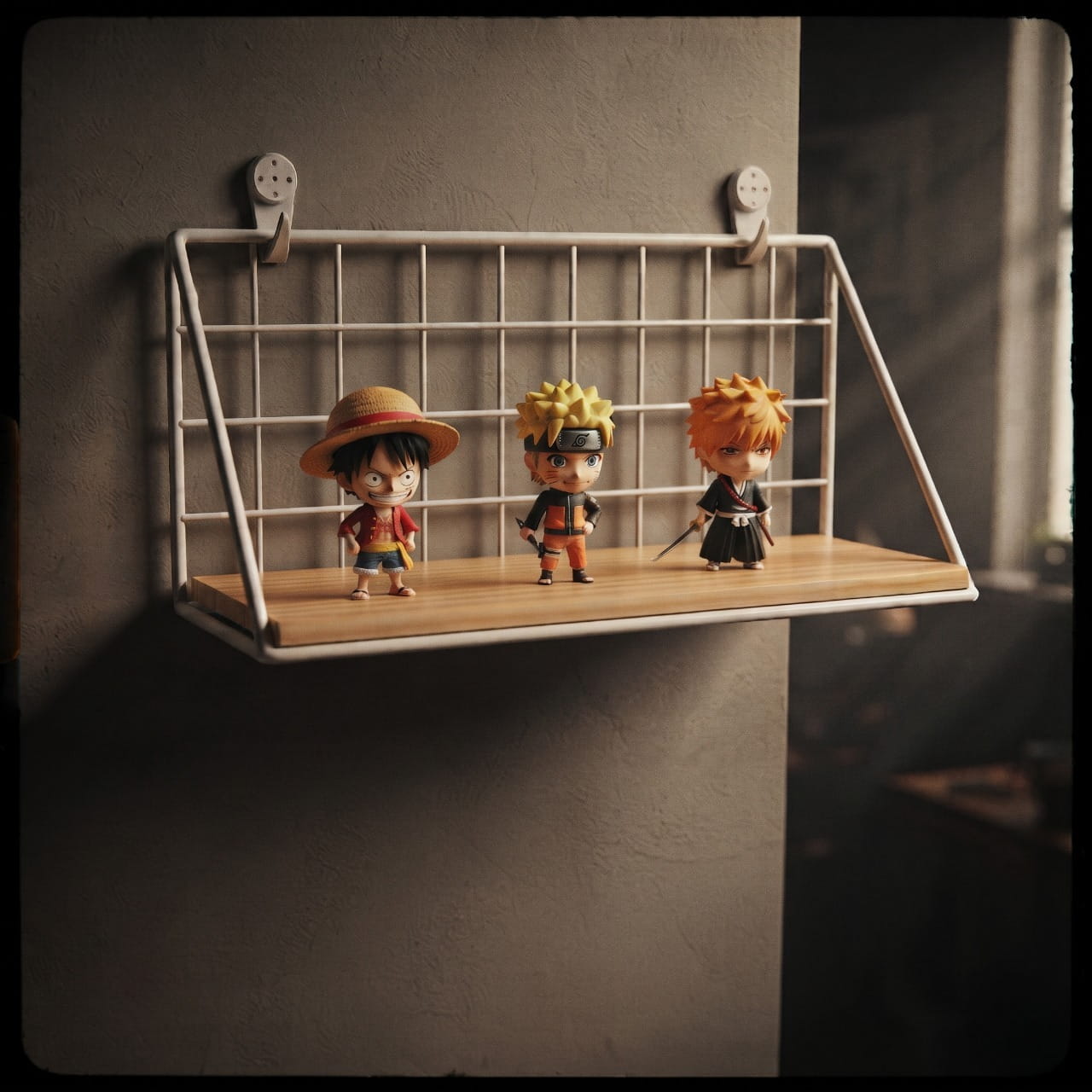 Étagère murale blanc en métal et bois fixée au mur, trois figurines chibi posées sur la tablette en bois clair