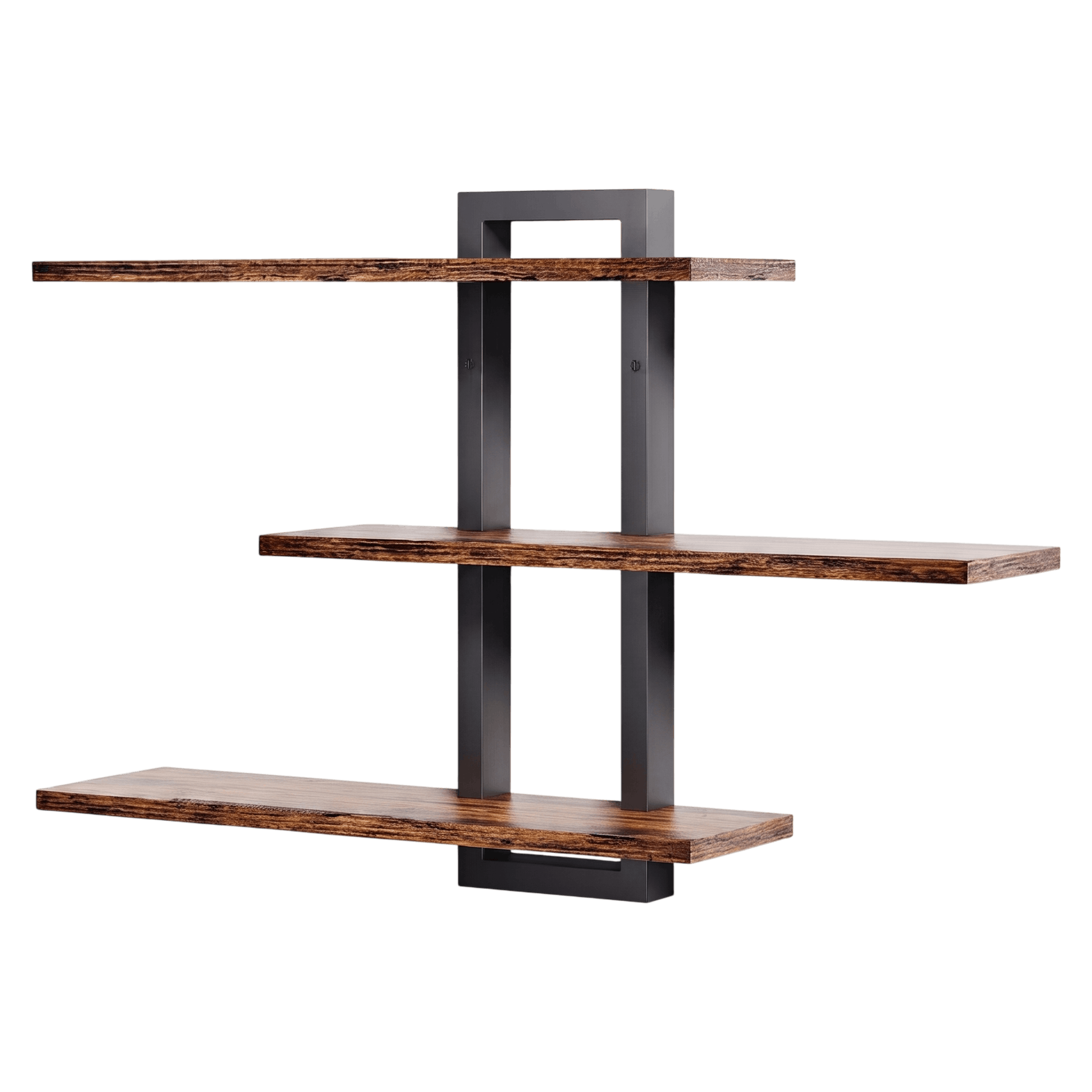 Étagères flottantes à trois niveaux, tablettes en bois foncé sur structure métallique noire, vues de trois quarts