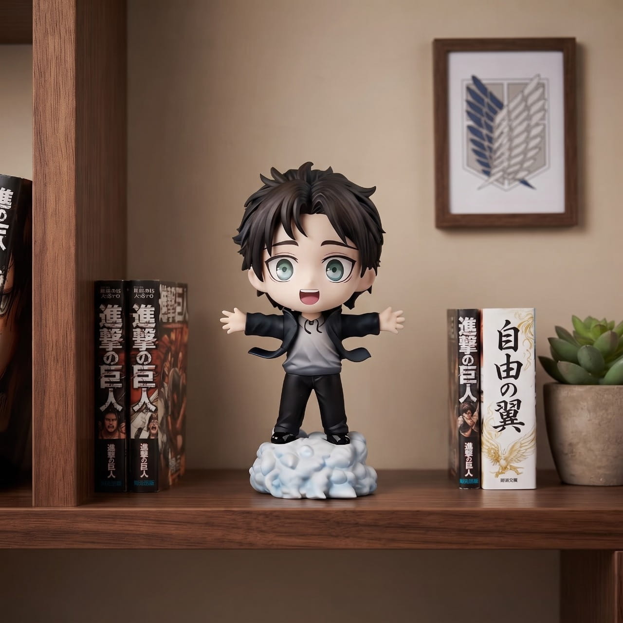 Figurine chibi Eren Jäger exposée sur une étagère (décor non inclus)