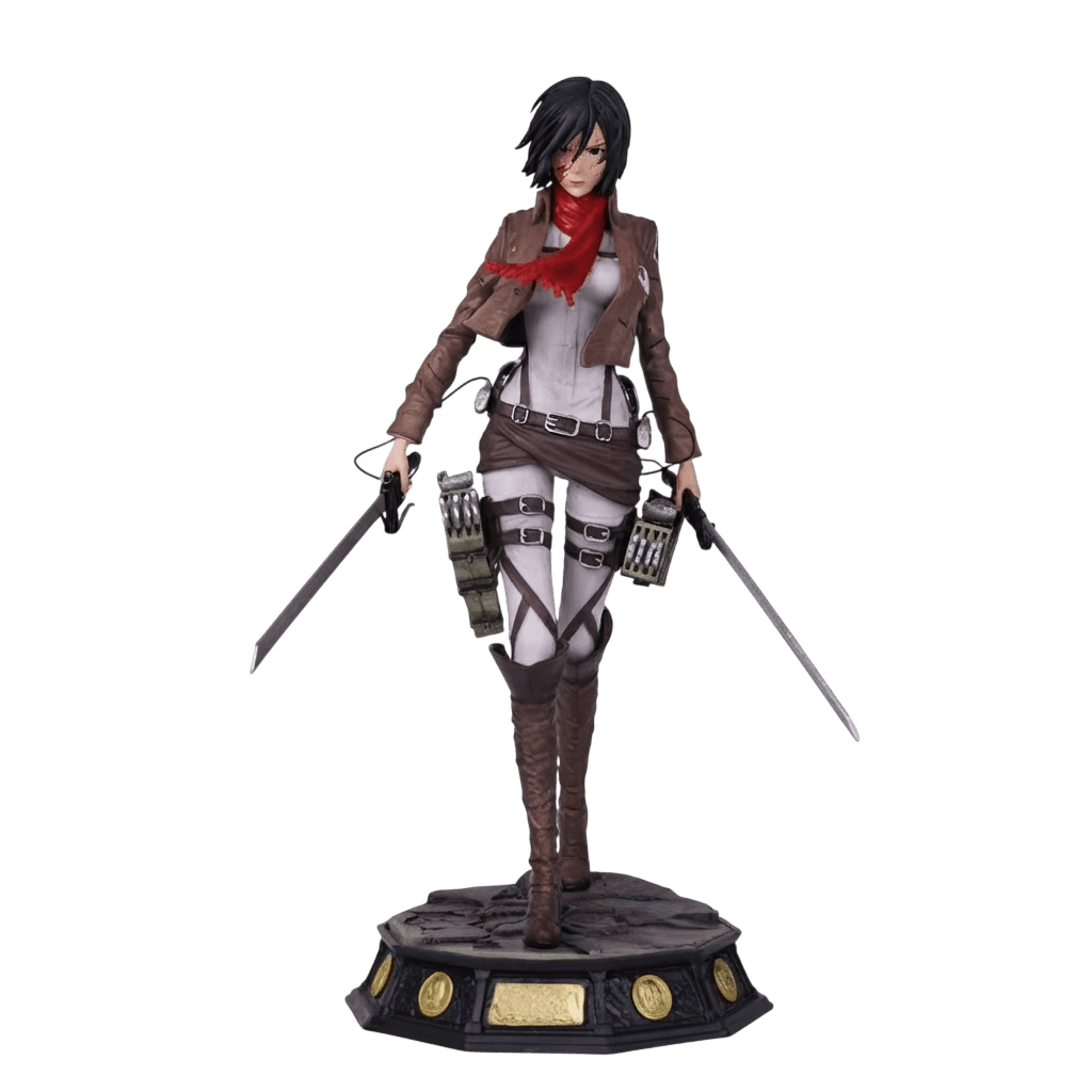 Figurine Attaque des Titans Mikasa Ackerman 30 cm vue de face, lames jumelles et écharpe rouge