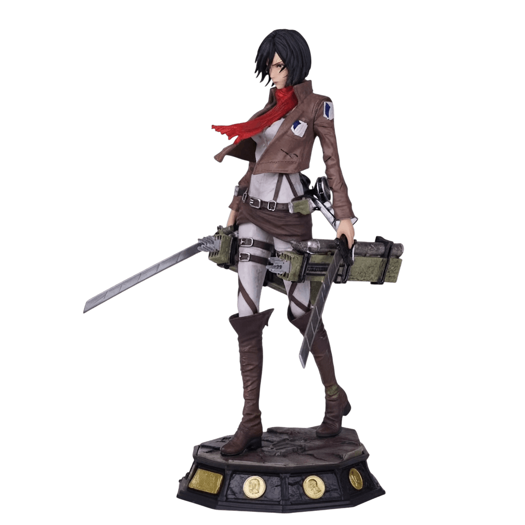 Figurine Mikasa Ackerman 30 cm vue de trois quarts, équipement de manœuvre tridimensionnelle