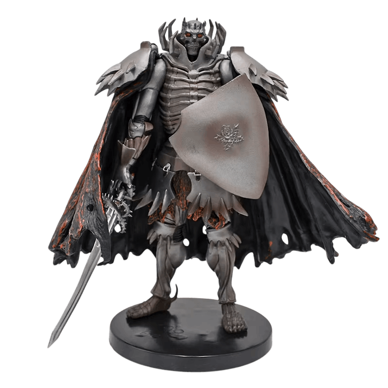 Figurine du Chevalier Squelette détourée sur fond noir, crâne casqué aux orbites rouges et socle rond noir