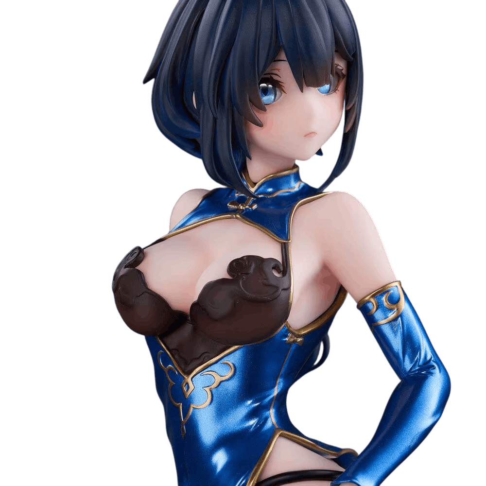 Figurine bishoujo en qipao bleu - détail du buste et de la broderie