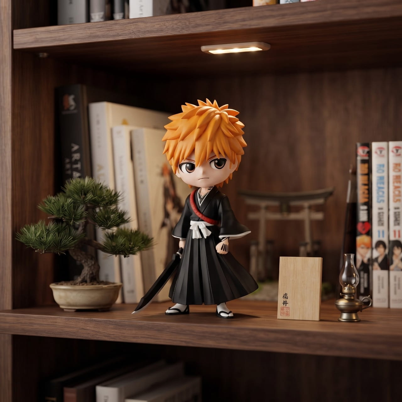 Figurine Bleach Ichigo Kurosaki en tenue de shinigami, exposée sur une étagère (décor non inclus)