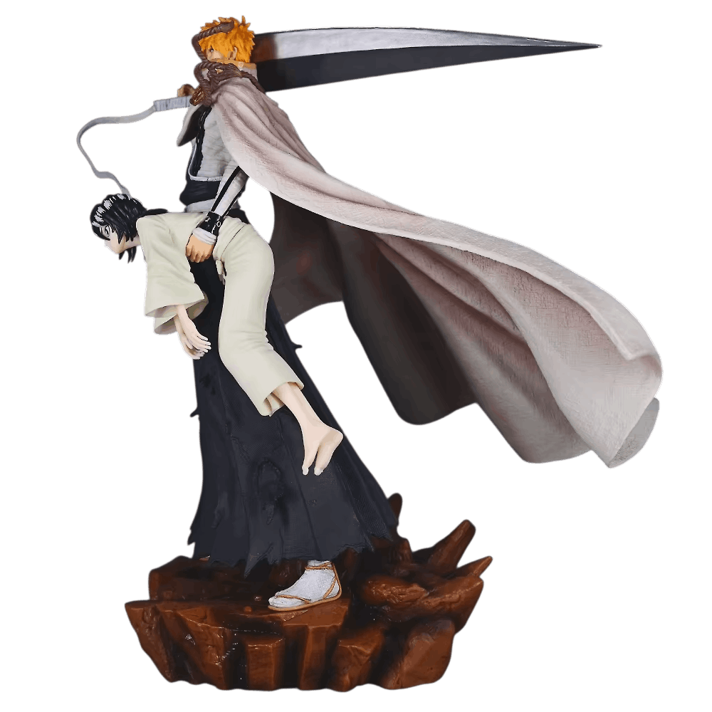 Bleach Ichigo and Rukia figure 33 cm in profile: wide-brimmed black hat pushed back, torn black kimono and base of brown rocks