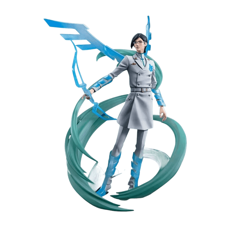 Figurine Uryū Ishida détourée sur fond noir, vue de face, arc bleu et plaques d'énergie aux avant-bras
