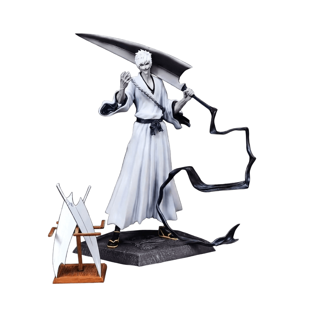Figurine Ichigo blanc lame de Zangetsu sur l'épaule avec présentoir d'épées - Bleach