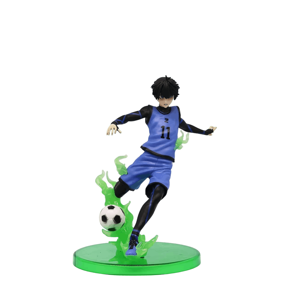 Figurine Isagi Yoichi (Blue Lock), 15,5 cm, flammes vertes translucides plus hautes que sur le reste de la série — détourée, vue sans décor.