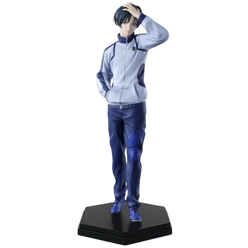 Blue Lock Itoshi Rin figure 19 cm from the front: navy hair in a lock over the forehead, navy trim on the tracksuit and blue shoes