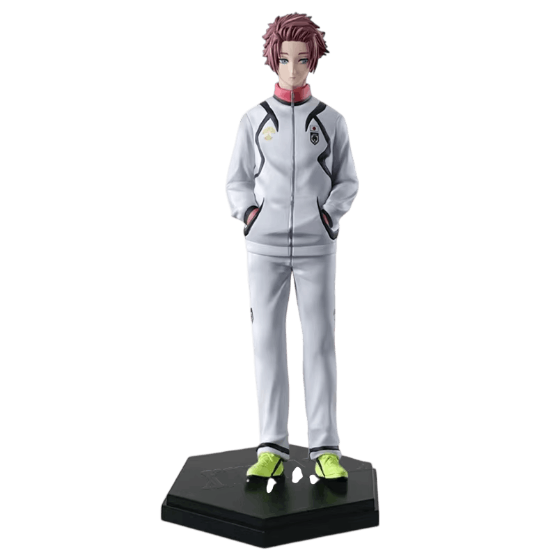 Blue Lock Itoshi Sae figure 19 cm from the front: grey-blue gaze, red tracksuit collar, two badges embroidered on the chest and pockets piped in pink