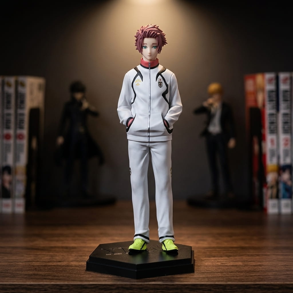 Blue Lock Itoshi Sae figure 19 cm in a white tracksuit, hands in his pockets, reddish brown hair and neon yellow-green boots, on a black hexagonal base, on a shelf (decor not included)