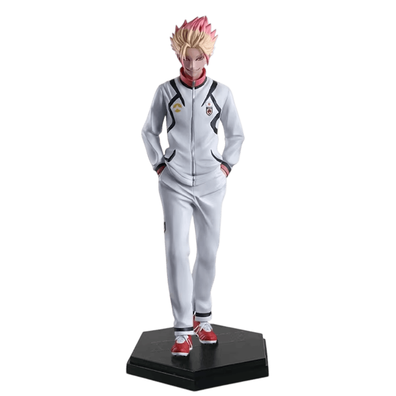 Blue Lock Shidou Ryusei figure 19 cm from the front: red collar, black trim on the shoulders, embroidered badges and red shoes with three stripes