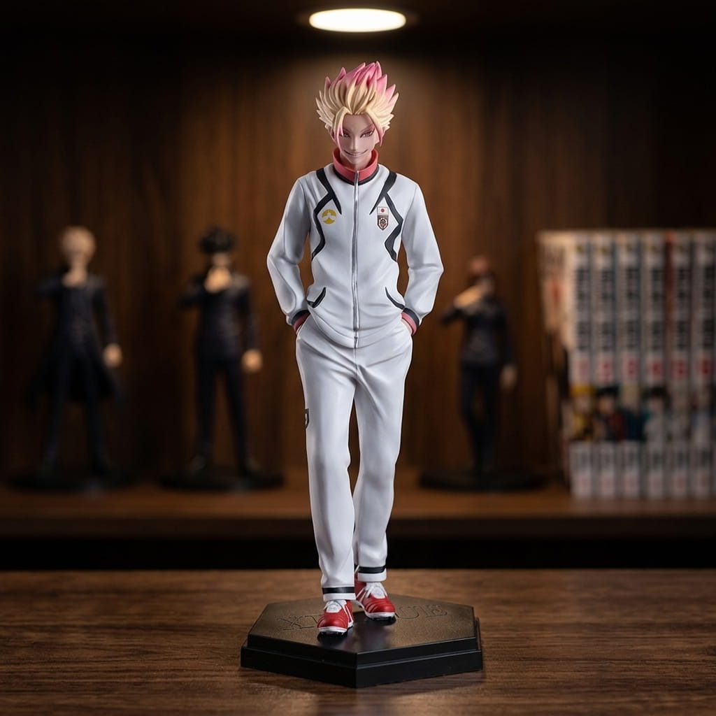 Blue Lock Shidou Ryusei figure 19 cm in a white tracksuit, hands in his pockets, blond hair with pink tips, on a black hexagonal base, on a shelf (decor not included)