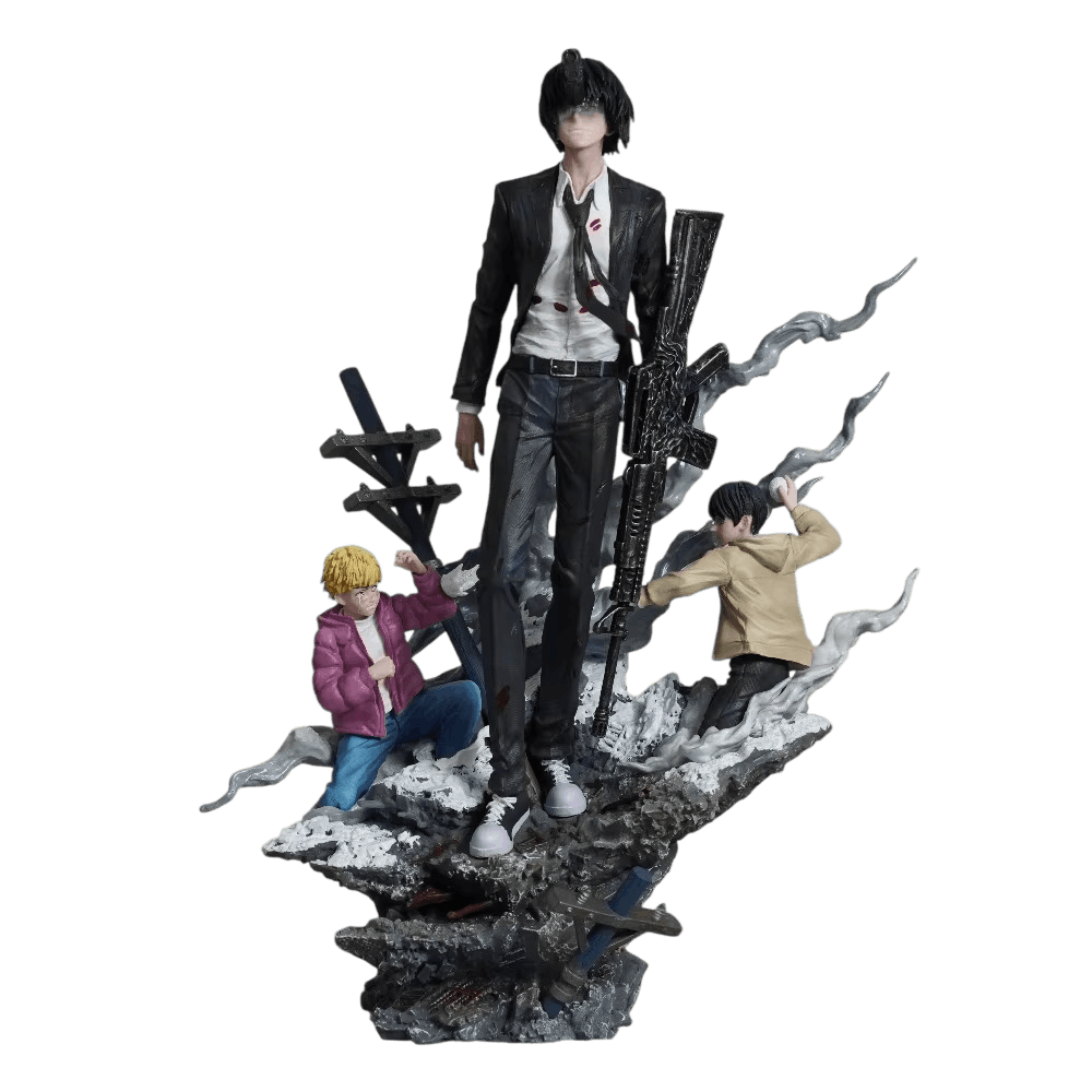 Figurine Le Démon Flingue (Chainsaw Man), 33 cm, des canons qui sortent du corps, pas des accessoires rapportés — détourée, vue sans décor.