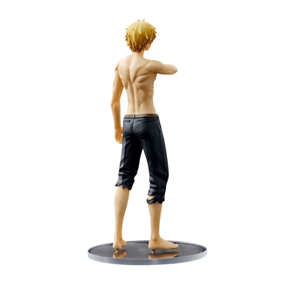 Figurine Denji Chainsaw Man de dos : dos musclé, pantalon noir effiloché et socle rond transparent
