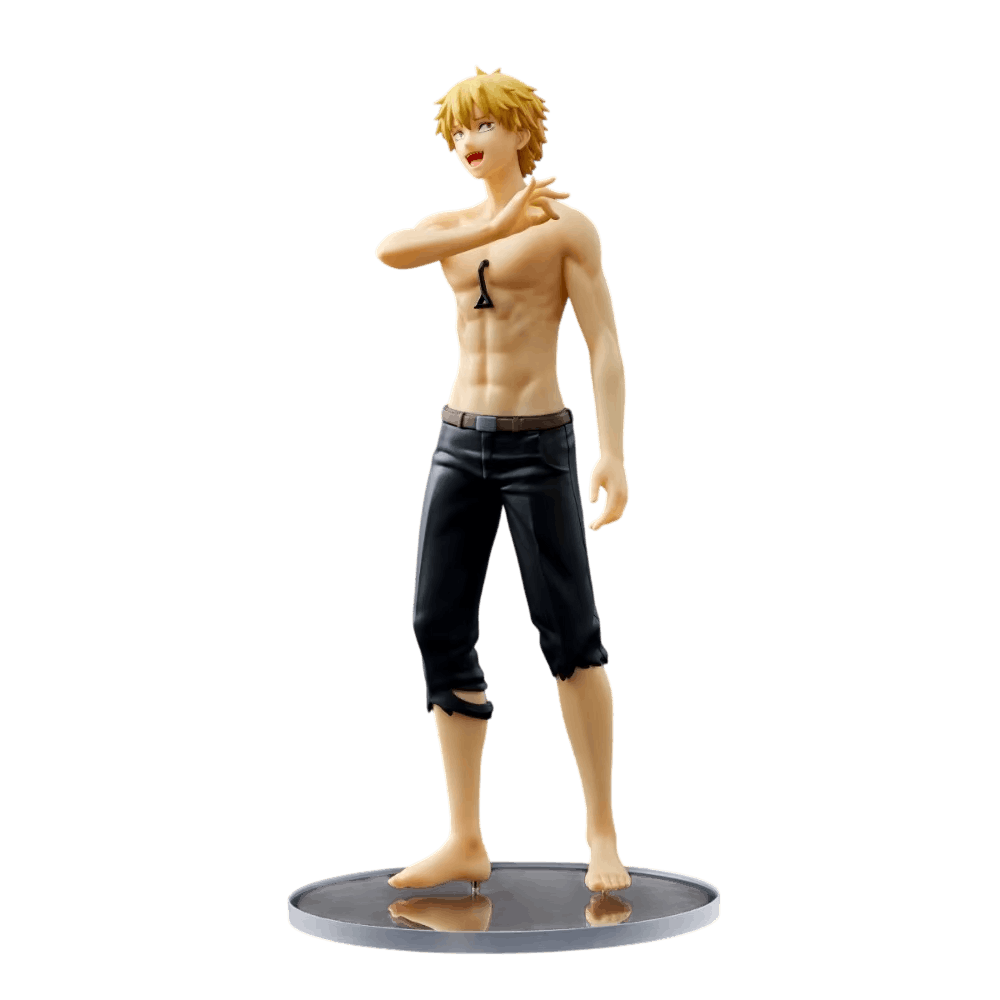Figurine Denji Chainsaw Man de face : torse nu, poignée de lanceur sur la poitrine, pantalon noir court et effiloché, pieds nus