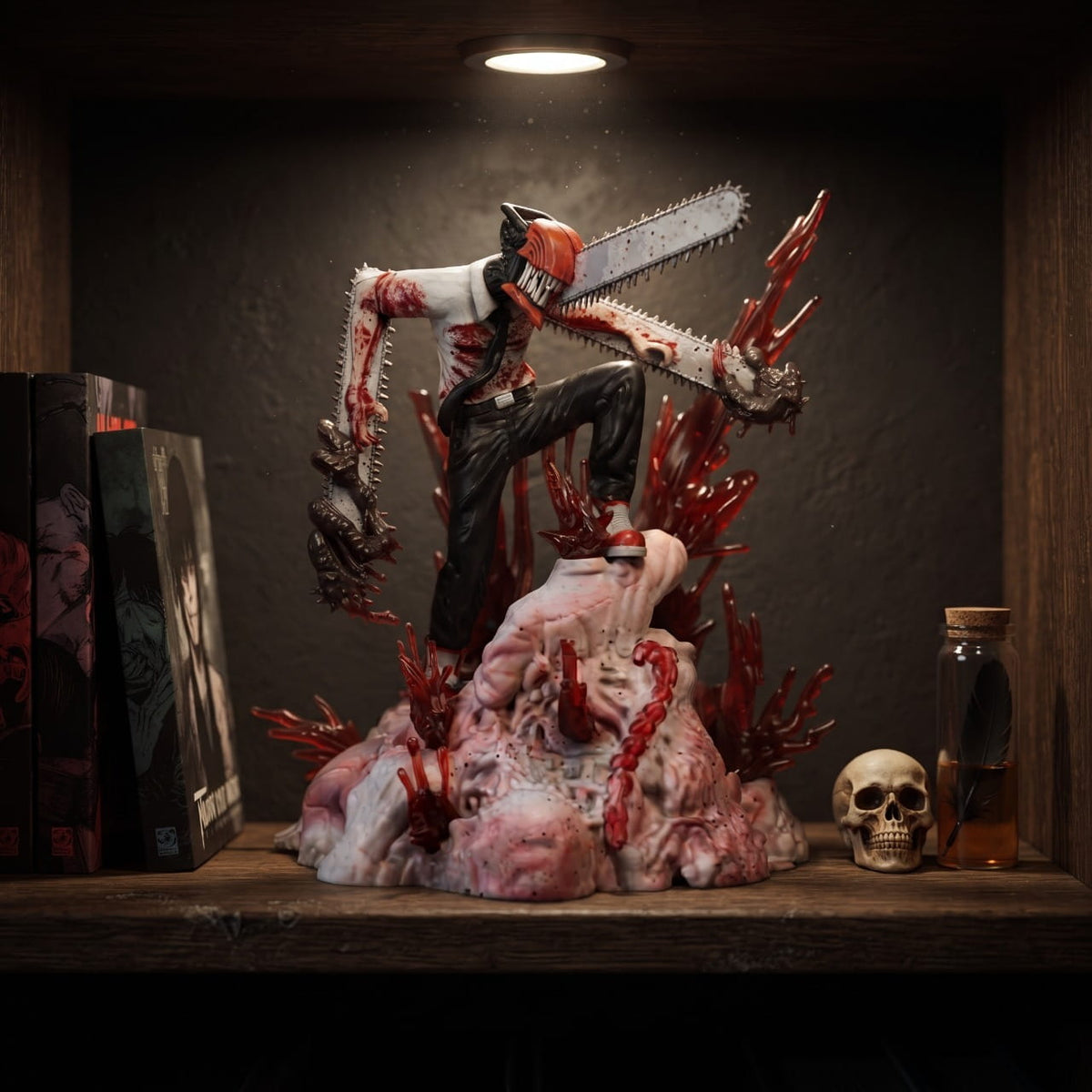 Figurine Chainsaw Man – Denji Transformé 18 cm, exposée sur une étagère (décor non inclus)