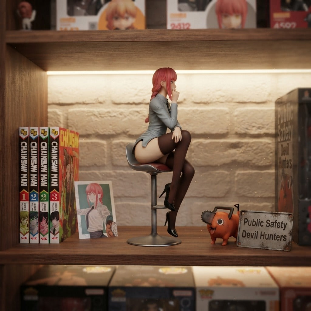 Figurine Makima assise Chainsaw Man exposée sur une étagère (décor non inclus)