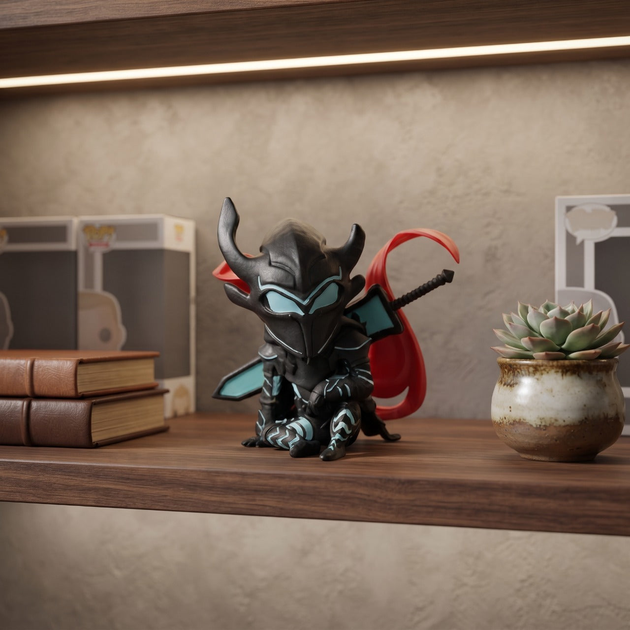 Figurine chibi d'Igris de Solo Leveling posée sur un coin de bureau à côté d'un clavier
