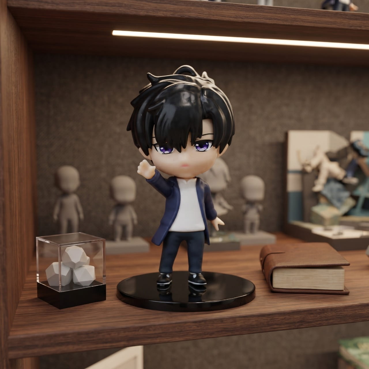 Figurine chibi de Sung Jinwoo posée sur un coin de bureau à côté d'un clavier