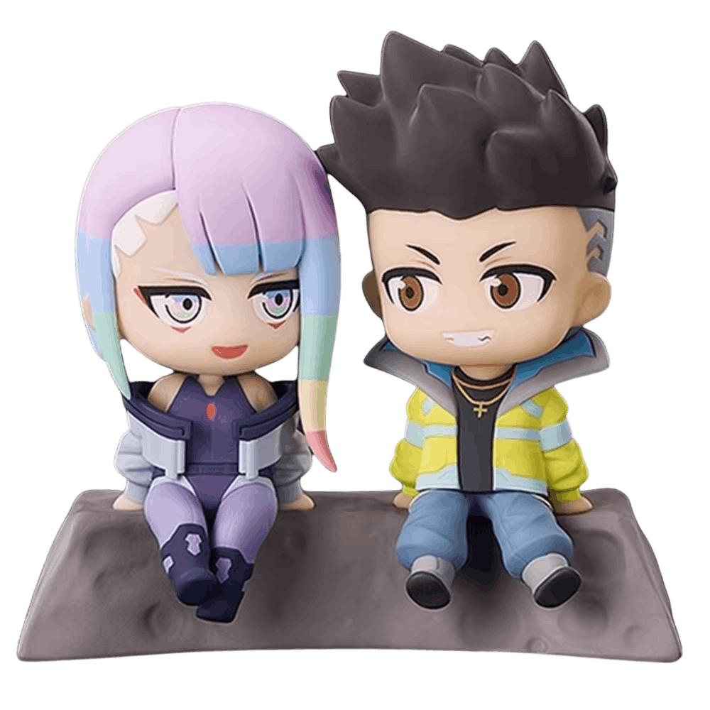 Figurines chibi Lucy et David Cyberpunk Edgerunners assis - face