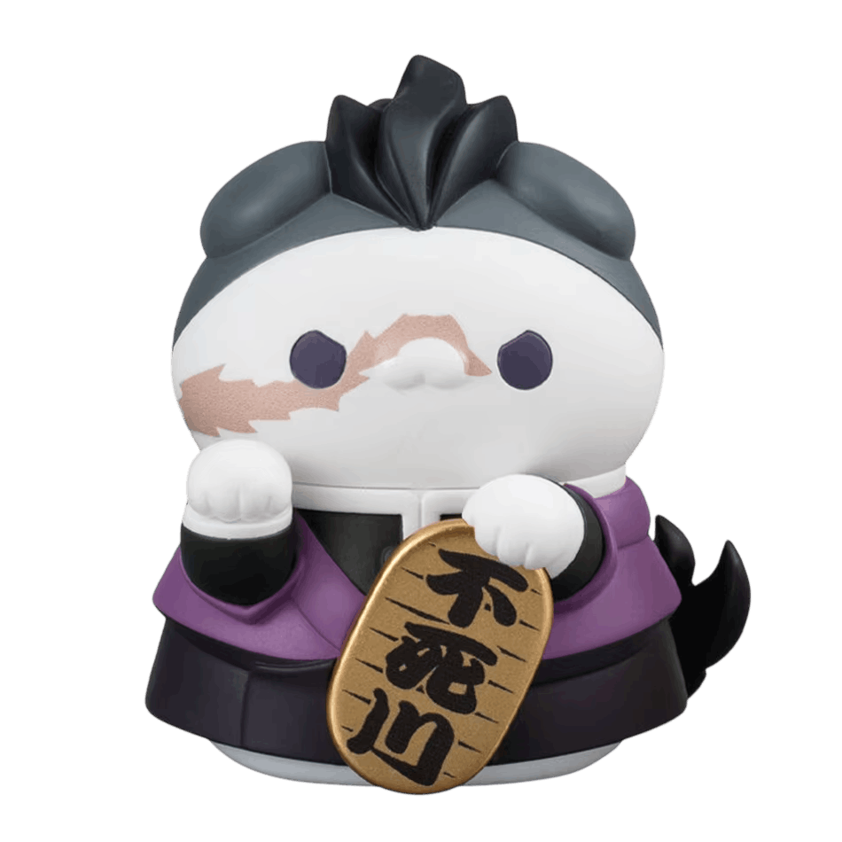 Chat porte-bonheur Genya vu de face, mine renfrognée et tenue sombre — Demon Slayer