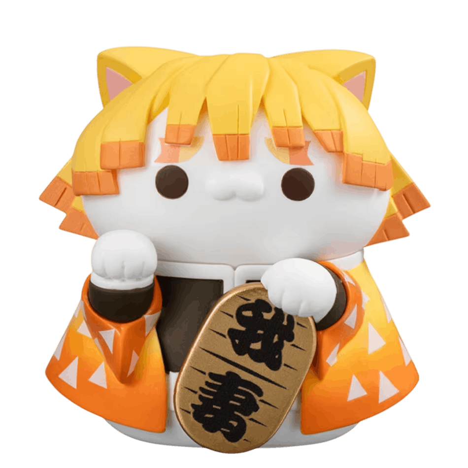 Chat porte-bonheur Zenitsu vu de face, frange dorée et triangles orange — Demon Slayer