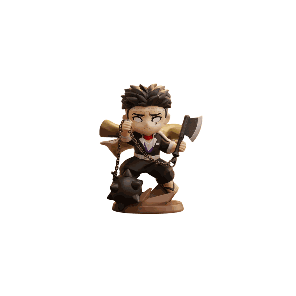 Figurine chibi Gyomei Himejima vue de face — boule à pointes au bout d'une chaîne dans l'autre — Demon Slayer, PVC peint