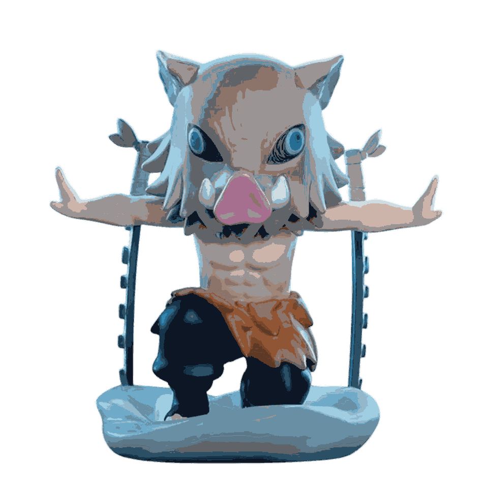 Figurine chibi Inosuke Hashibira vue de face — torse nu, socle bleuté — Demon Slayer, PVC peint