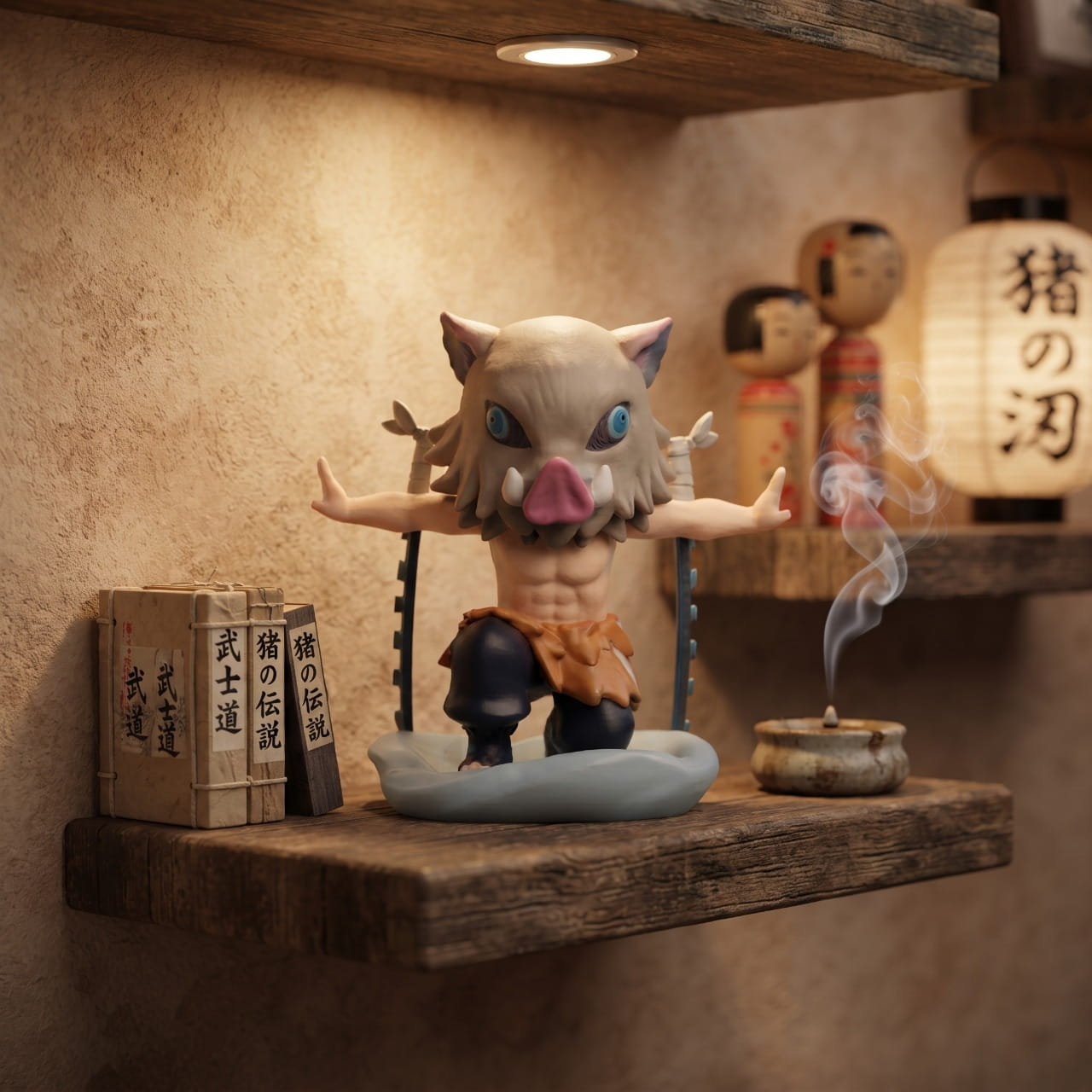 Figurine chibi Inosuke Hashibira — tête de sanglier posée sur le visage — Demon Slayer, étagère (décor non inclus)
