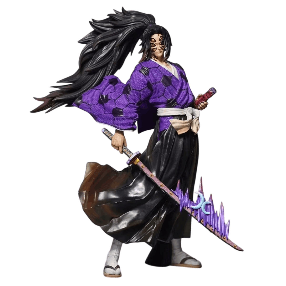 Figurine Kokushibō détourée sur fond noir, vue de face, sabre dégainé et halo violet translucide