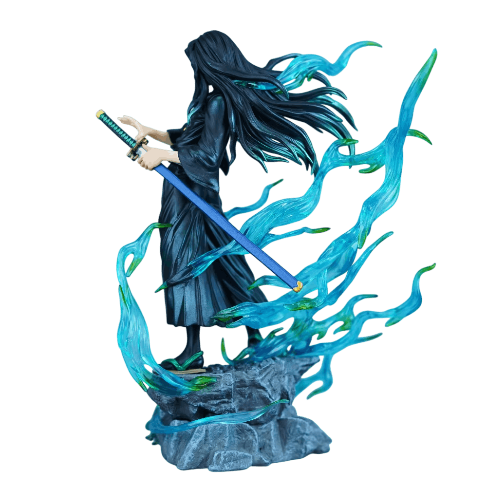 Figurine Muichiro Tokito 25 cm vue de dos, lame de nichirin bleue et volutes de brume
