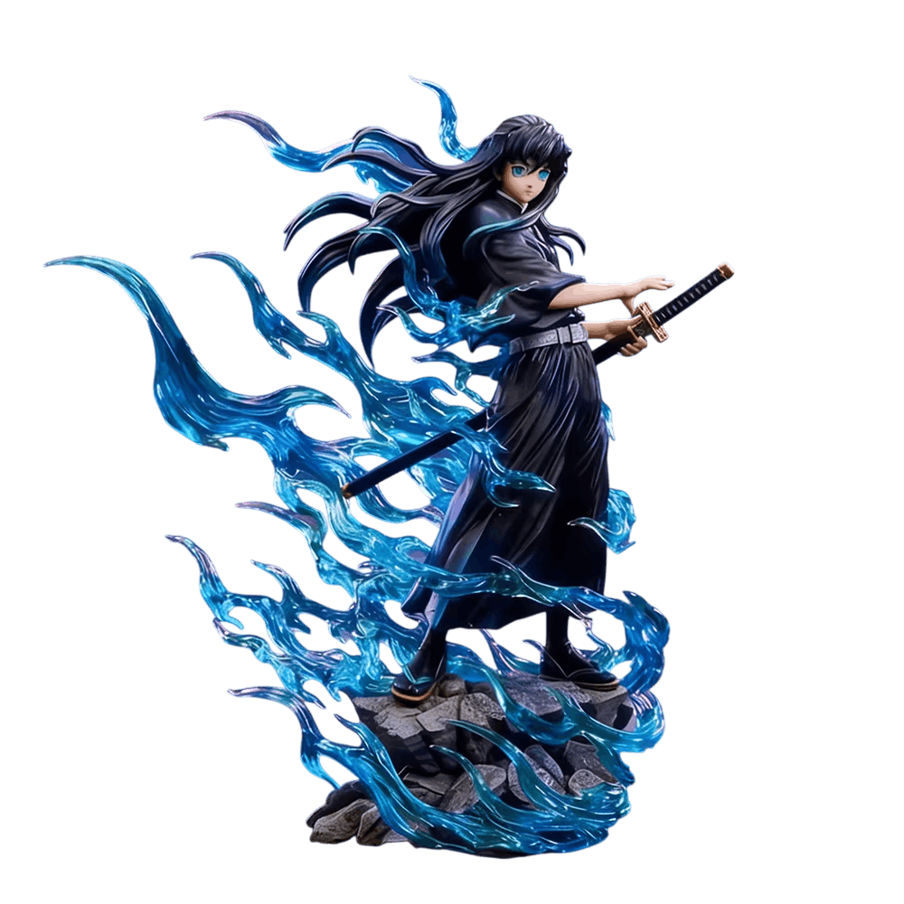 Figurine Demon Slayer Muichiro Tokito 25 cm vue de face, brume turquoise translucide et katana