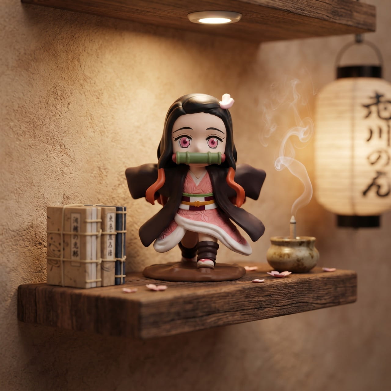 Figurine chibi Nezuko Kamado — longs cheveux noirs aux pointes orangées — Demon Slayer, étagère (décor non inclus)