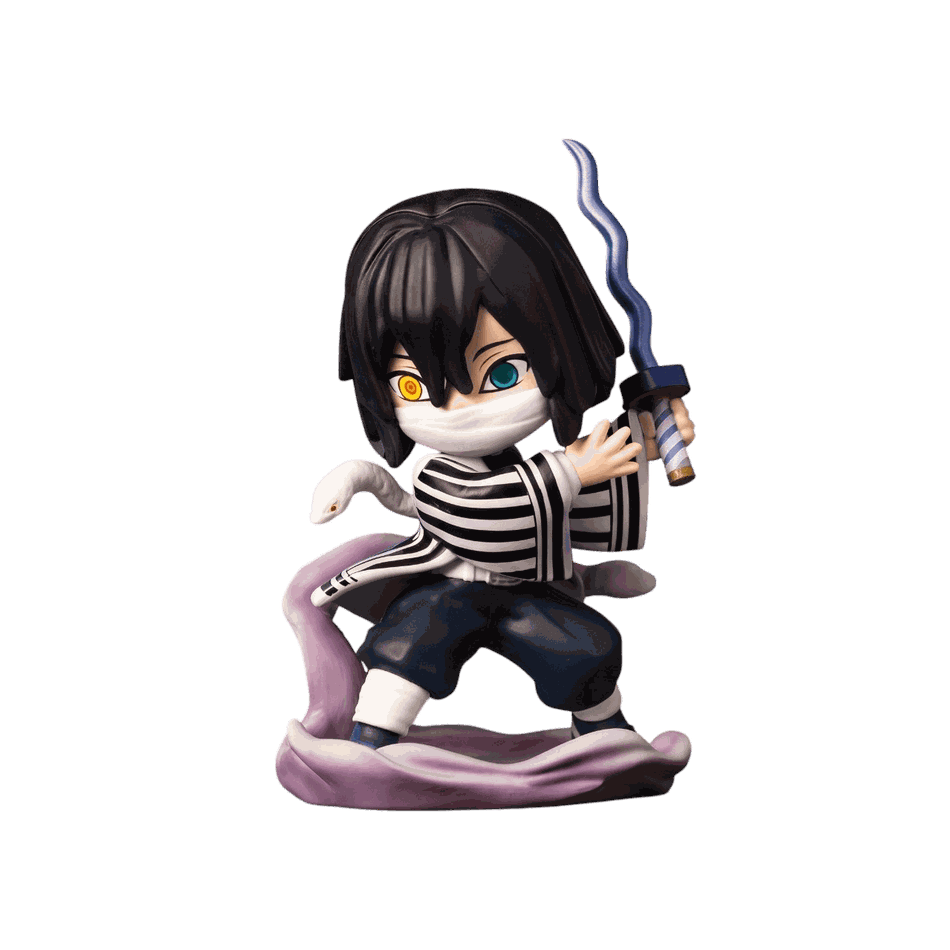 Figurine chibi Obanai Iguro vue de face — regard vairon doré et turquoise — Demon Slayer, PVC peint